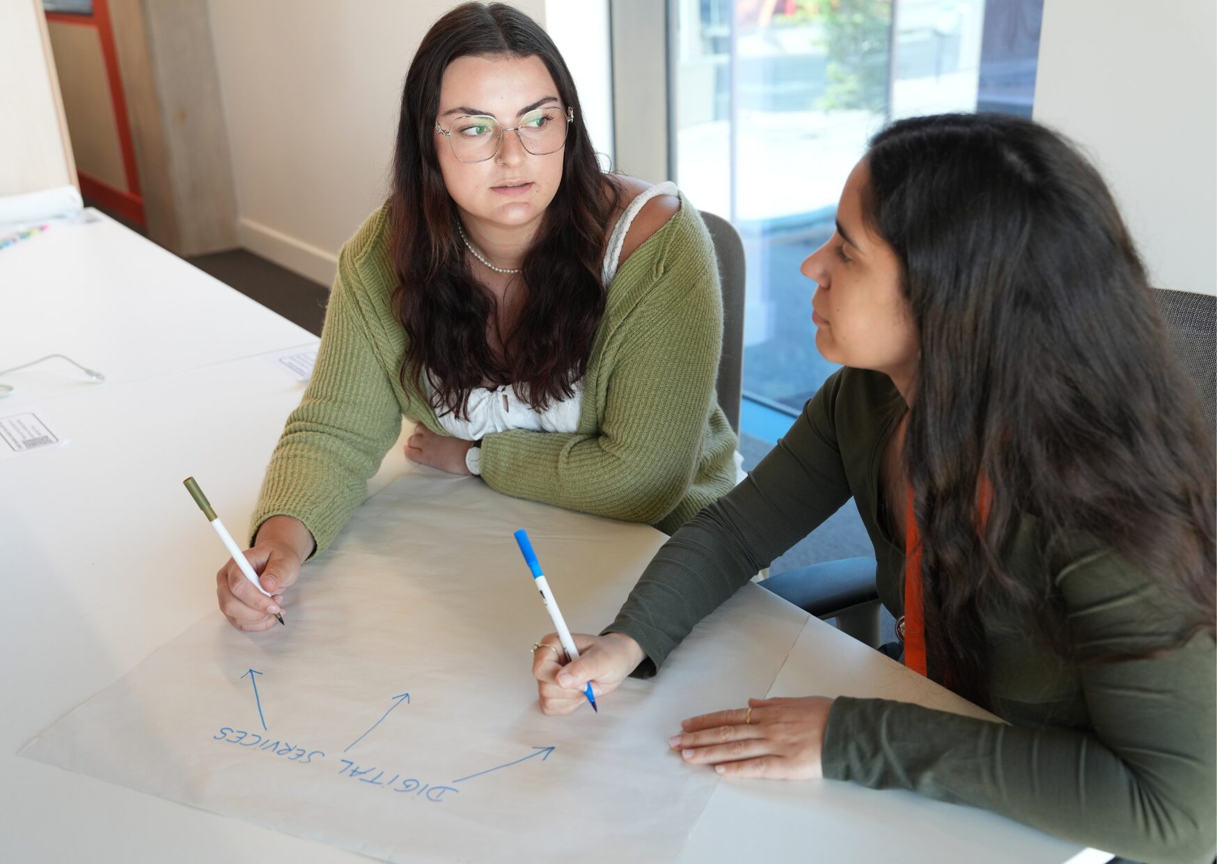 The uploaded image shows two young women, seated at a table, looking down at a piece of flip chart paper laid out in front of them. They appear to be in discussion.