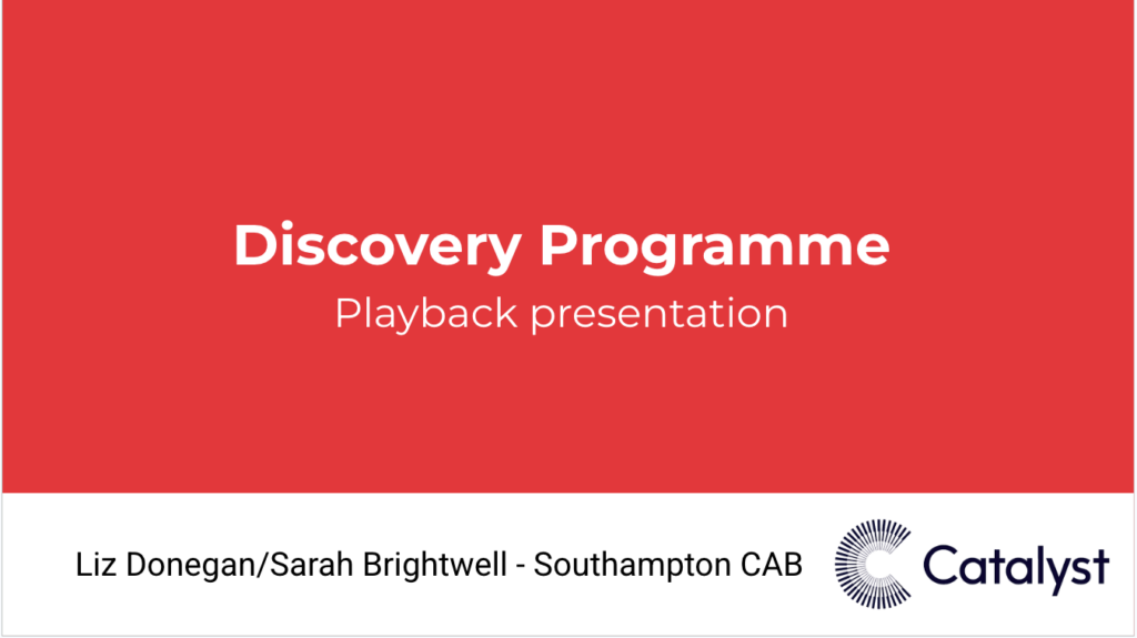 Front page of a Google slidedeck. The text says - Discovery Programme - Playback presentation. It also includes the name     Liz Donegan/Sarah Brightwell - Southampton CAB
and the Catalyst logo.