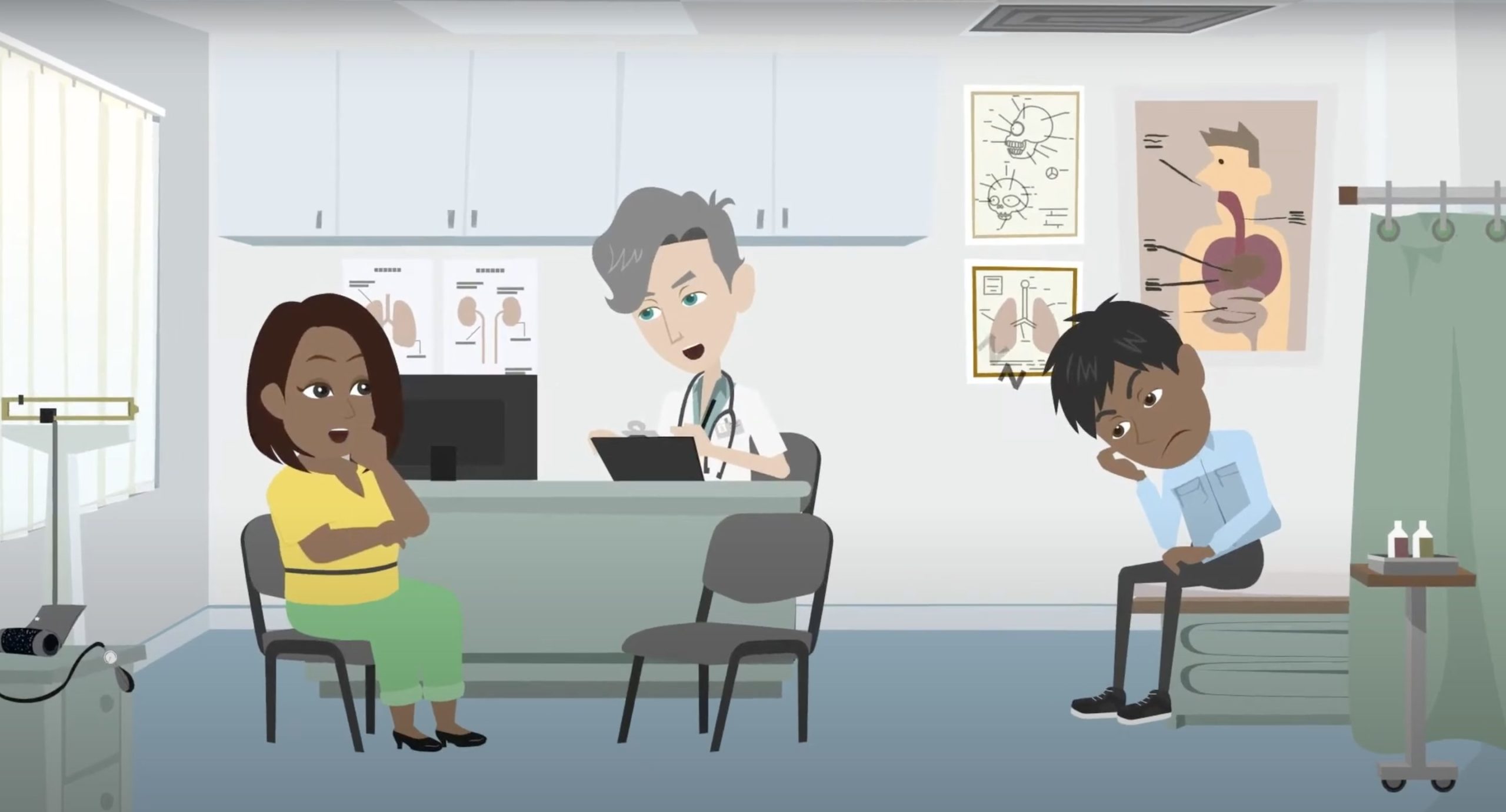 The cartoon image depicts a medical consultation whereby a doctor and caregiver are talking about a child patient, and not to the child patient.