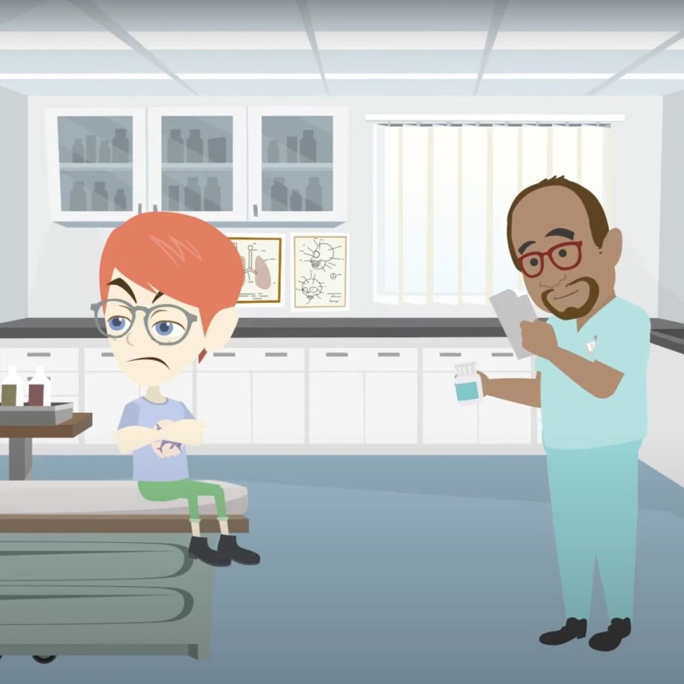 A cartoon scene showing a doctor and child patient in a hospital room. The child looks angry with arms crossed as the doctor reads a prescription.