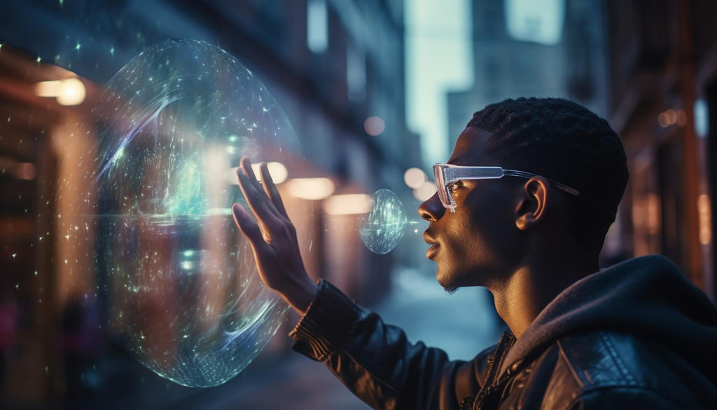 Man wearing AI Glasses and touching projection on wall. 