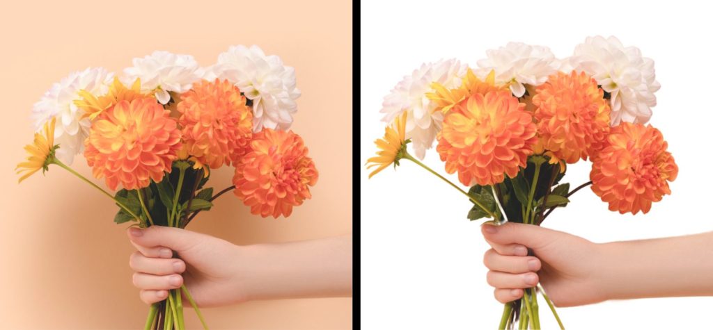 Screenshot of Canva background remover tool, removing the background of a photo of someone holding a bunch of orange and white flowers. 