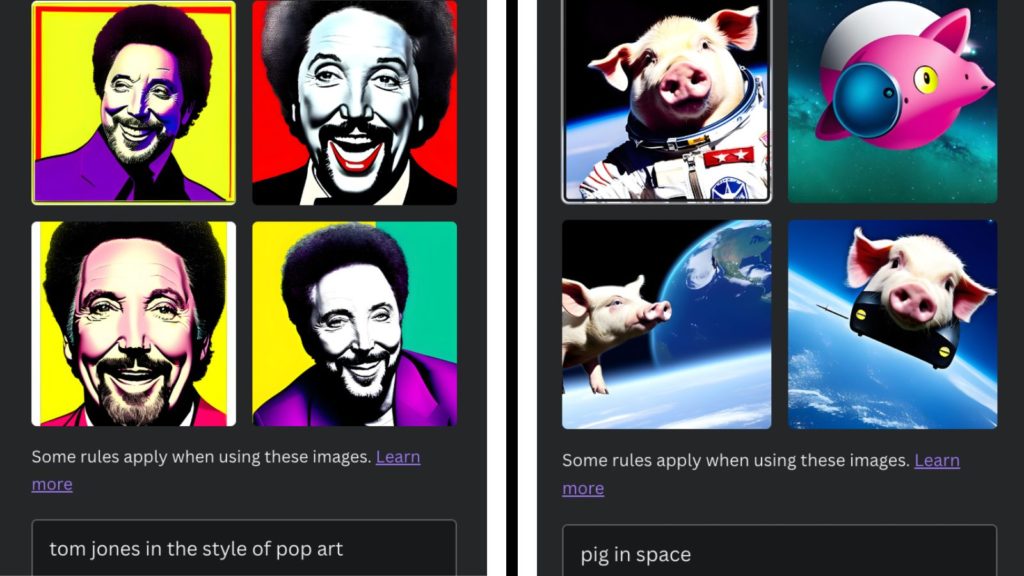 Screenshot of Canva text to image function, creating a pop-art style Tom Jones image and an image of a pig in space. 