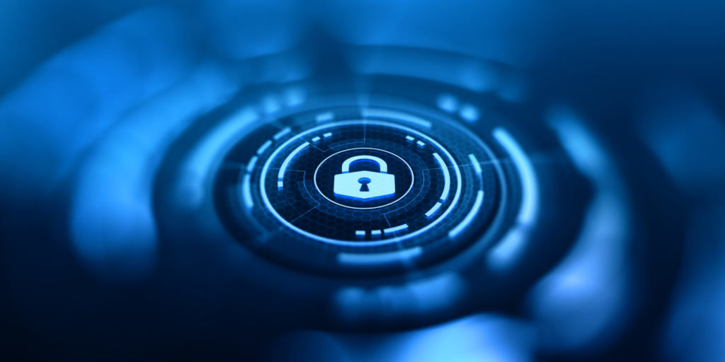 Graphic of padlock and digital overlays on a blue background. 