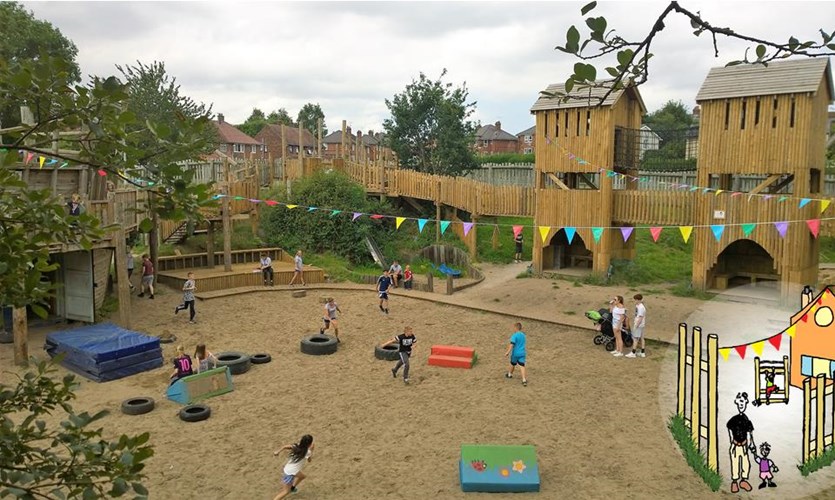 Children's wooden play park with bark chippings on the ground. 