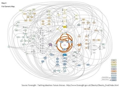 A map showing the range of different factors that influence obesity levels and how they interact.