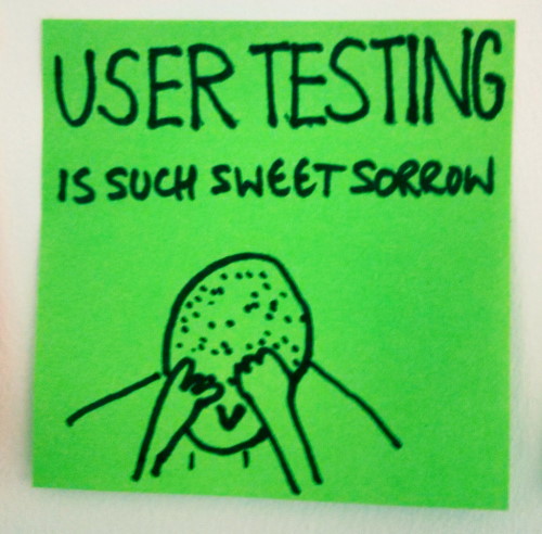 A green post it note with the words 'user testing is such sweet sorrow' and a sketch of a person with their hands over their eyes