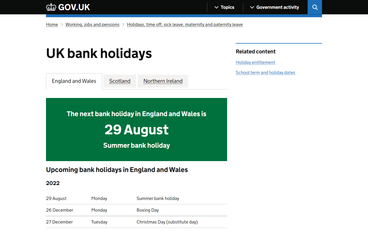 A screenshot of the gov.uk page showing UK bank holidays. The words are short and simple and the next bank holiday date is shown inside a green box.