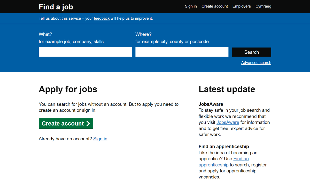 A screenshot of the gov.uk Find a job webpage. It shows two clear search boxes and text is easy to read.