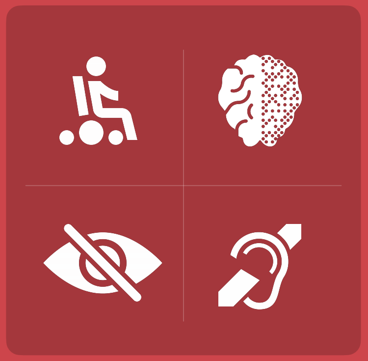 4 icons on a red background showing a person in a wheelchair. A brain with a dot pattern on one side and wiggly lines on another. An eye with a line through it and an ear with a line through it.