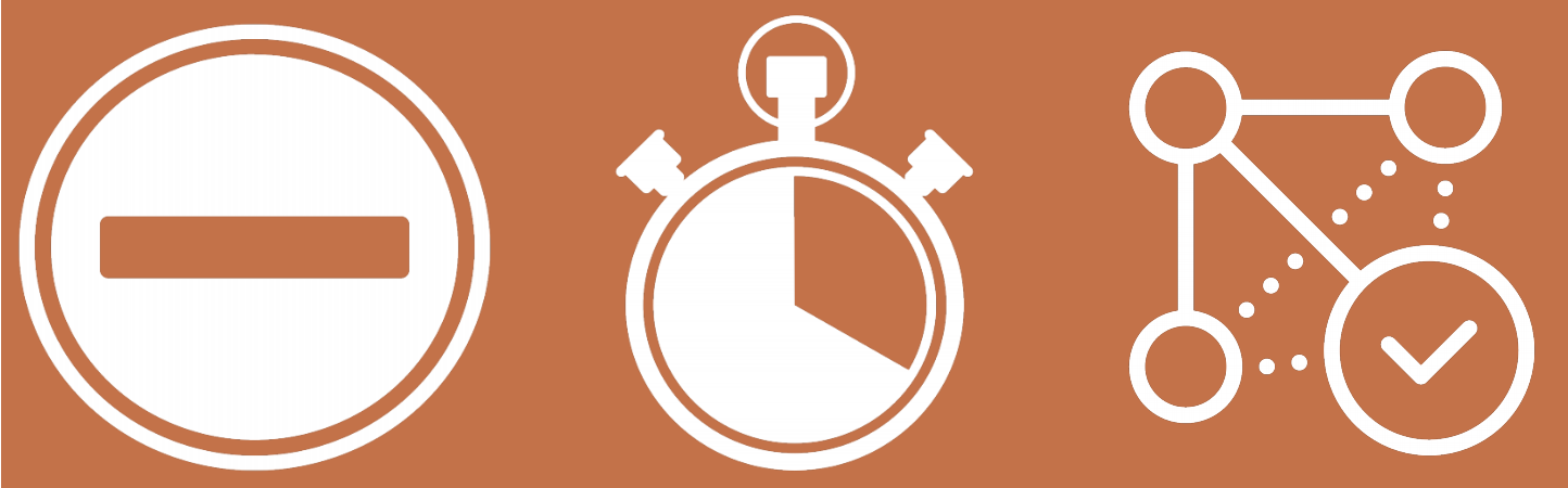 3 icons on an orange-brown background: a circle with a line across it to block, a stopwatch icon to limit and an icon showing blocked pathways from 1 point to another