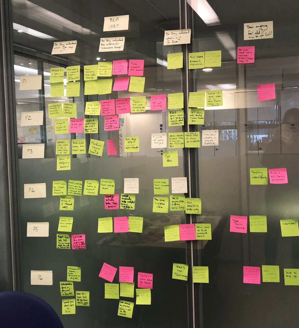 A set of hundreds of post it notes on a glass wall.