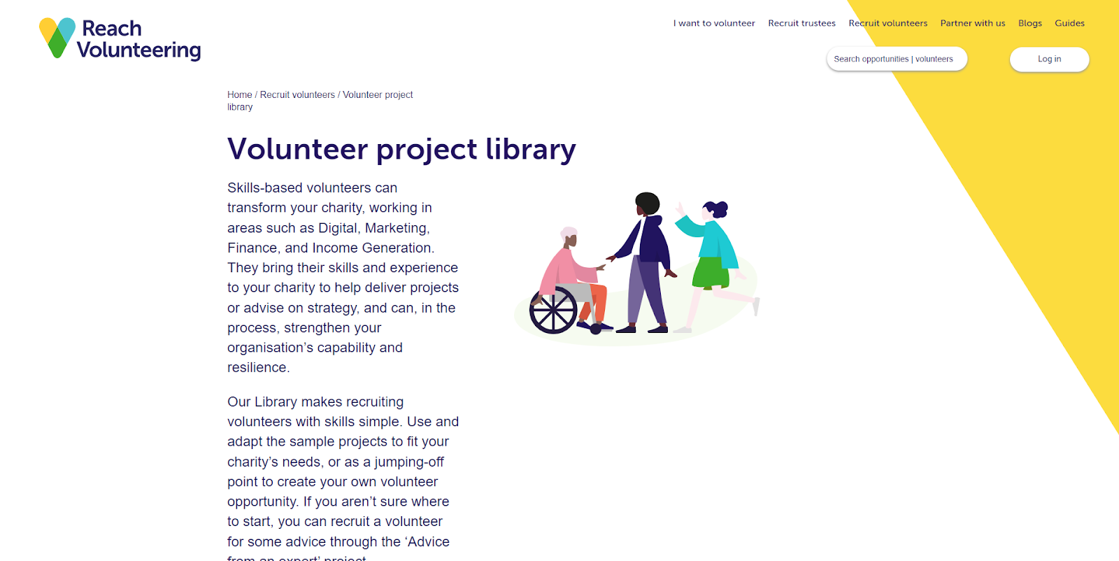 It has the logo for Reach volunteering, a breadcrumb menu, then the title Volunteer project library and two paragraphs of text in a narrow column. To the right an illustration shows a person with brown skin and white hair using a wheelchair meeting a person with brown skin and an afro standing and a person with white skin and brown hair running to join them.