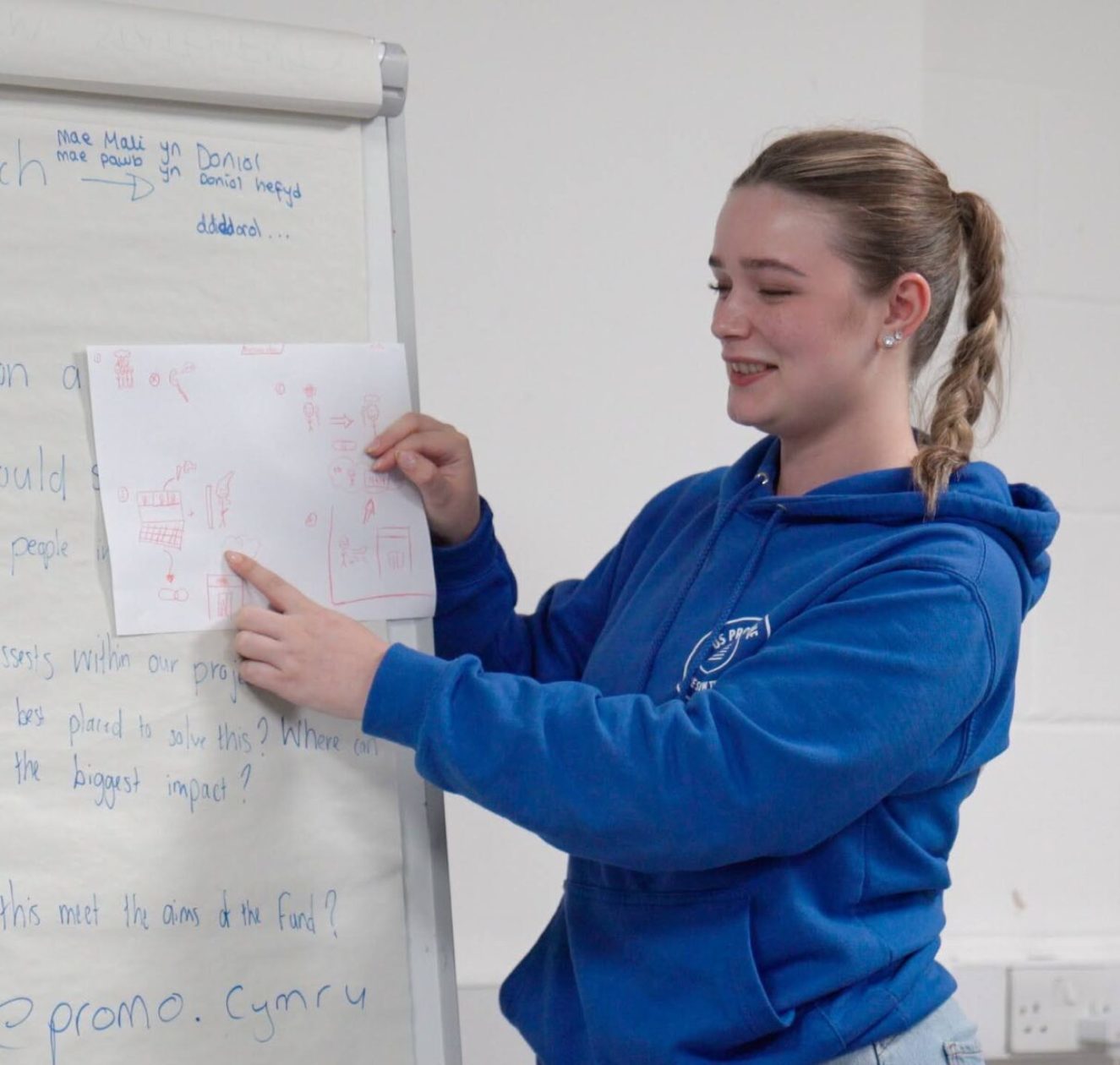 Young person presenting using flipchart paper