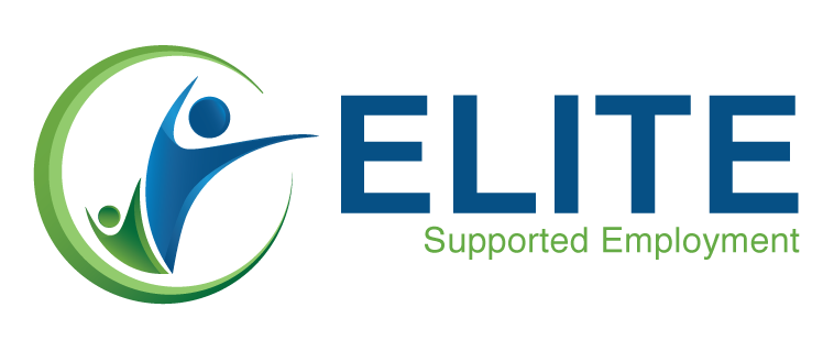 Elite Supported Employment logo with two shapes depicting an adult and a child with their hands up in the air in the middle of a circle