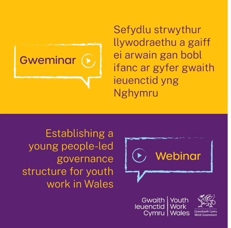 Image in Youth Work Wales branded colour (purple and yellow) to promote the webinar 'Establishing a young people led governance structure for youth work in Wales'