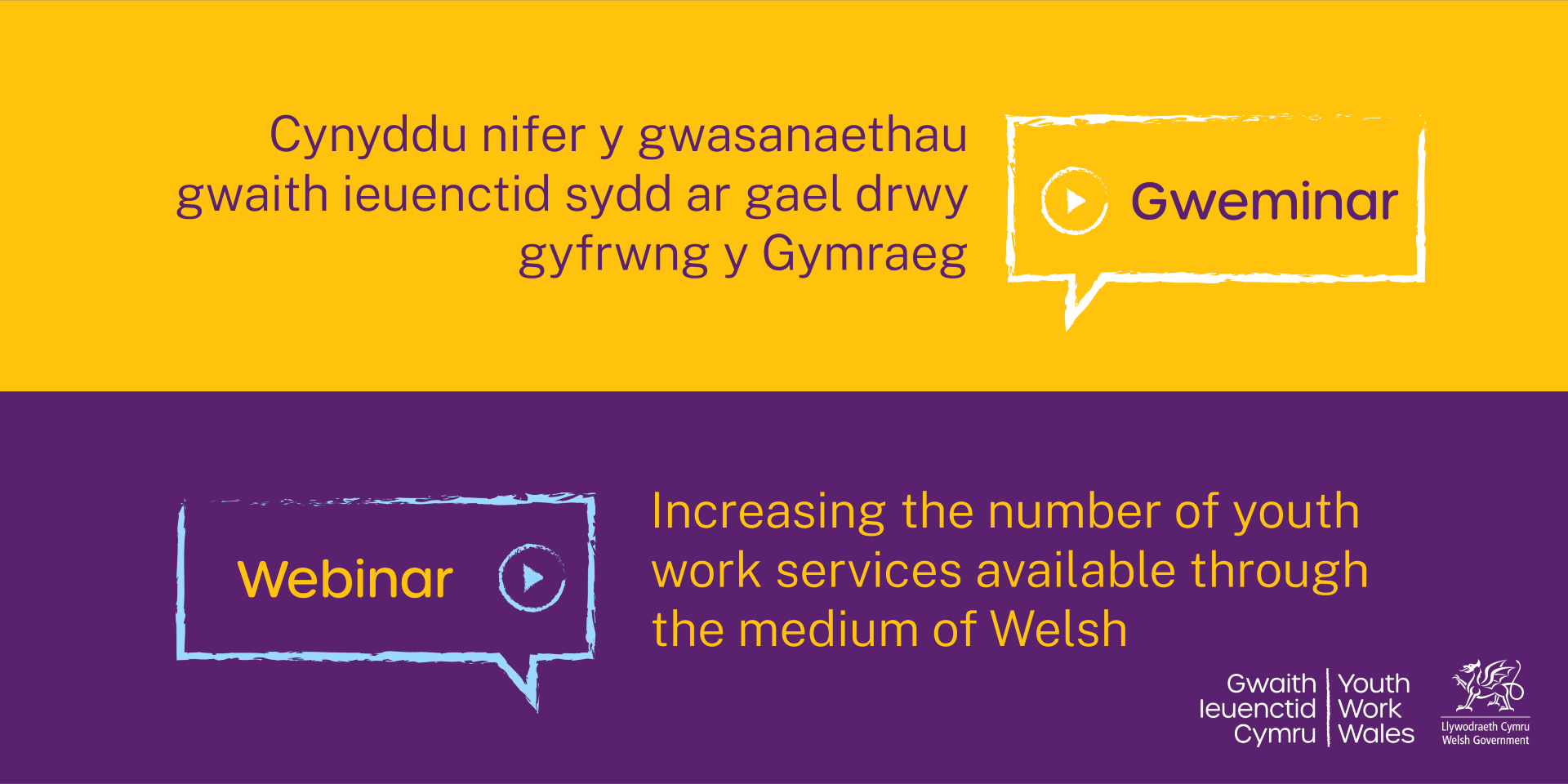 Image in Youth Work Wales branded colour (purple and yellow) to promote the webinar 'Increasing the number of youth work services available through the medium of Welsh'