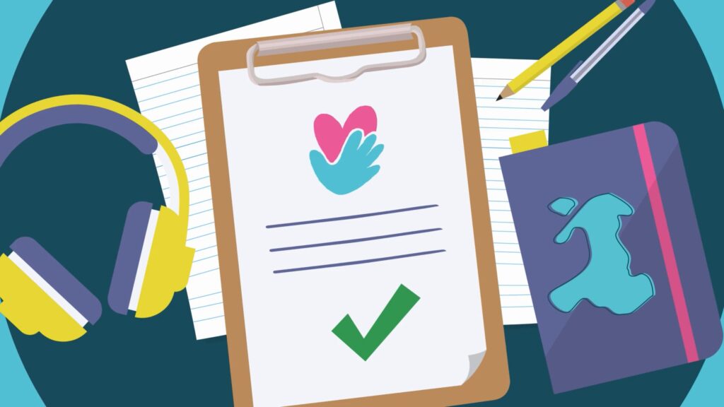 Screenshot from the animated guides for young people seeking asylum in Wales. Shows a pair of headphones, a clipboard with a piece of paper with a heart being held in a hand and a green tick, and a book with a photo of the Welsh map on the front.