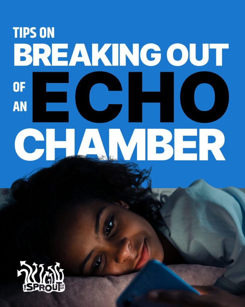 Still image from the Fact Check Your Feed campaign. Blue background with young girl lying on her side looking at her phone screen. Large words above her head say 'Tips on breaking out of an echo chamber'