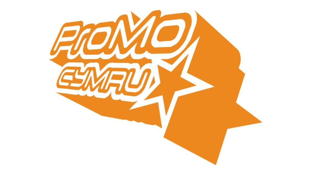 Logo - the old promo cymru logo. Orange. It is busy and has a big shadow behind and is placed at an angle. It has a big star at the end of the word cymru.