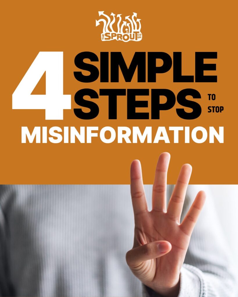 Still image from the Fact Check Your Feed campaign. Orange background with close up of a persons hand with four fingers up and one thumb down. Large words above say '4 simple steps to stop misinformation'