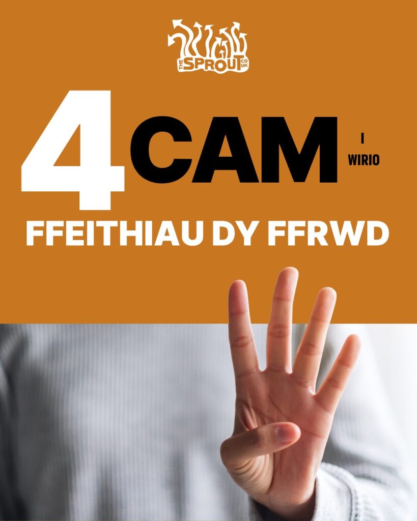 Delwedd o'r ymgyrch Gwirio Dy Ffrwd. Cefndir oren gyda llun agos o law person gyda phedwar bys i fyny ac un bawd i lawr. Mae geiriau mawr uwchben yn dweud '4 cam i wirio ffeithiau dy ffrwd'.
