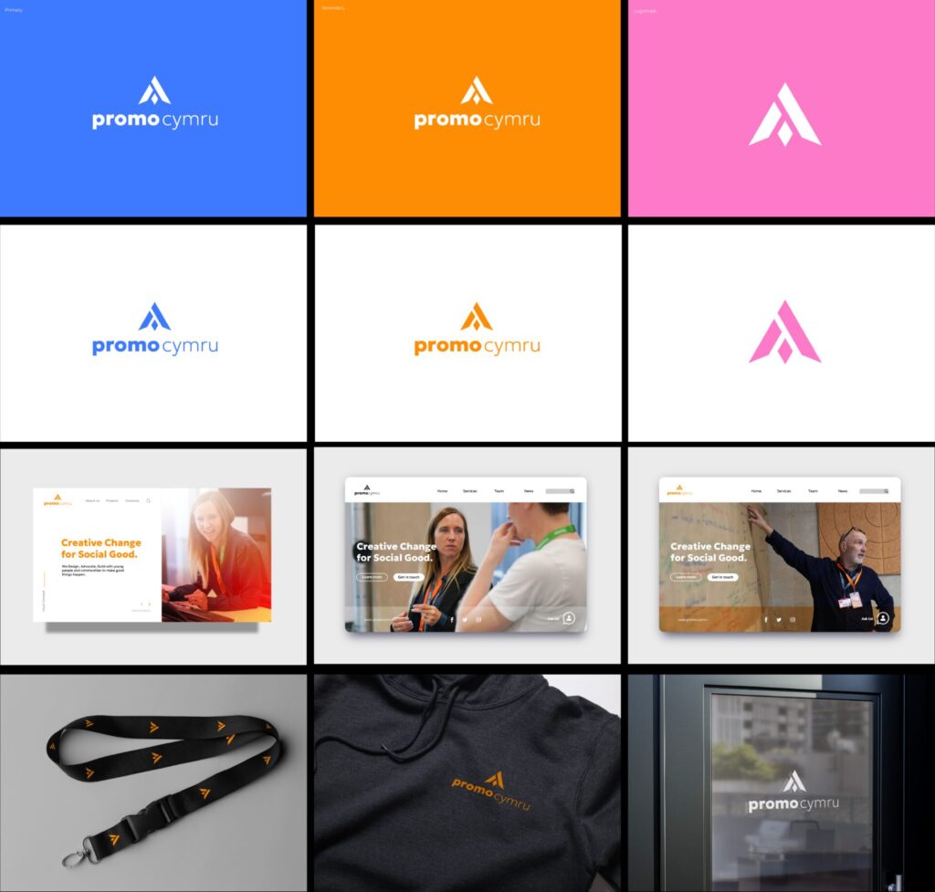 A selection of images showing different logo ideas in different colours and some mock ups of websites and merch including lanyards, jumpers and window stickers.