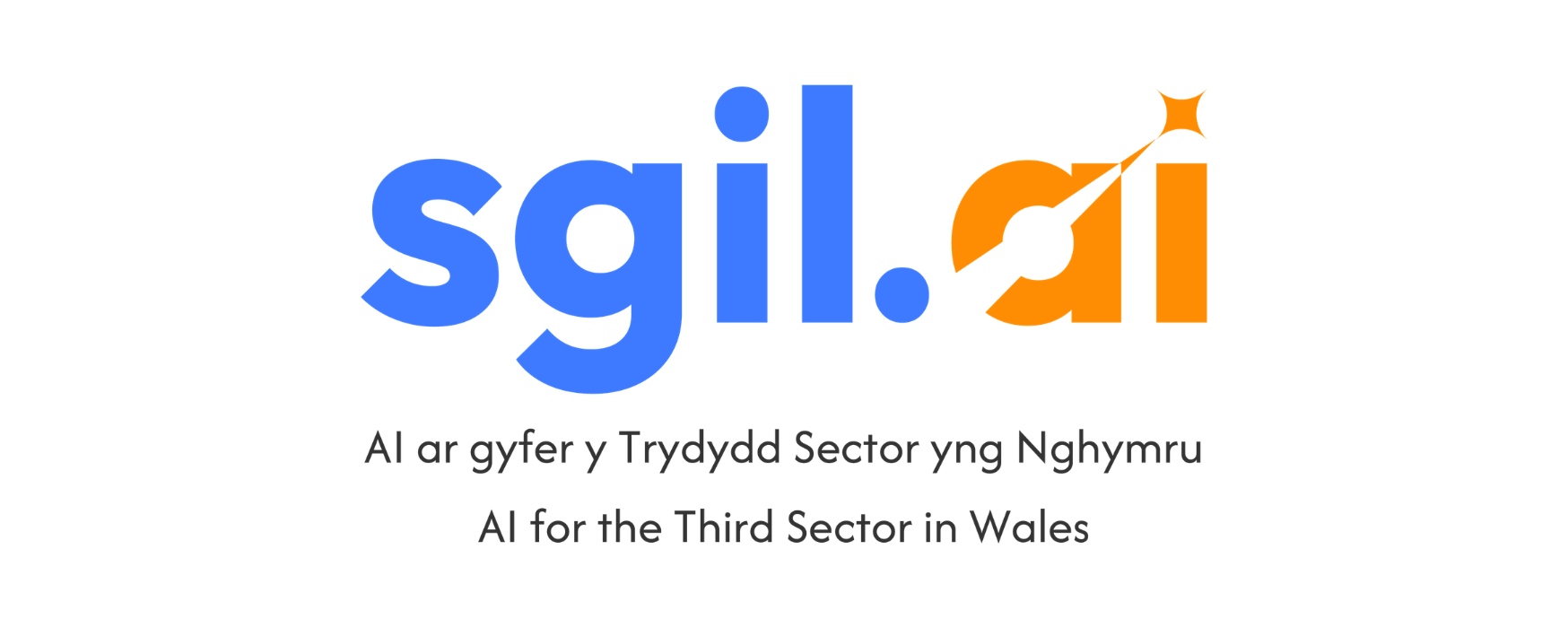 Sgil AI logo with the words AI for the Third sector in Wales below. Logo is the word sgil in blue with a blue dot and then the word ai in orange.