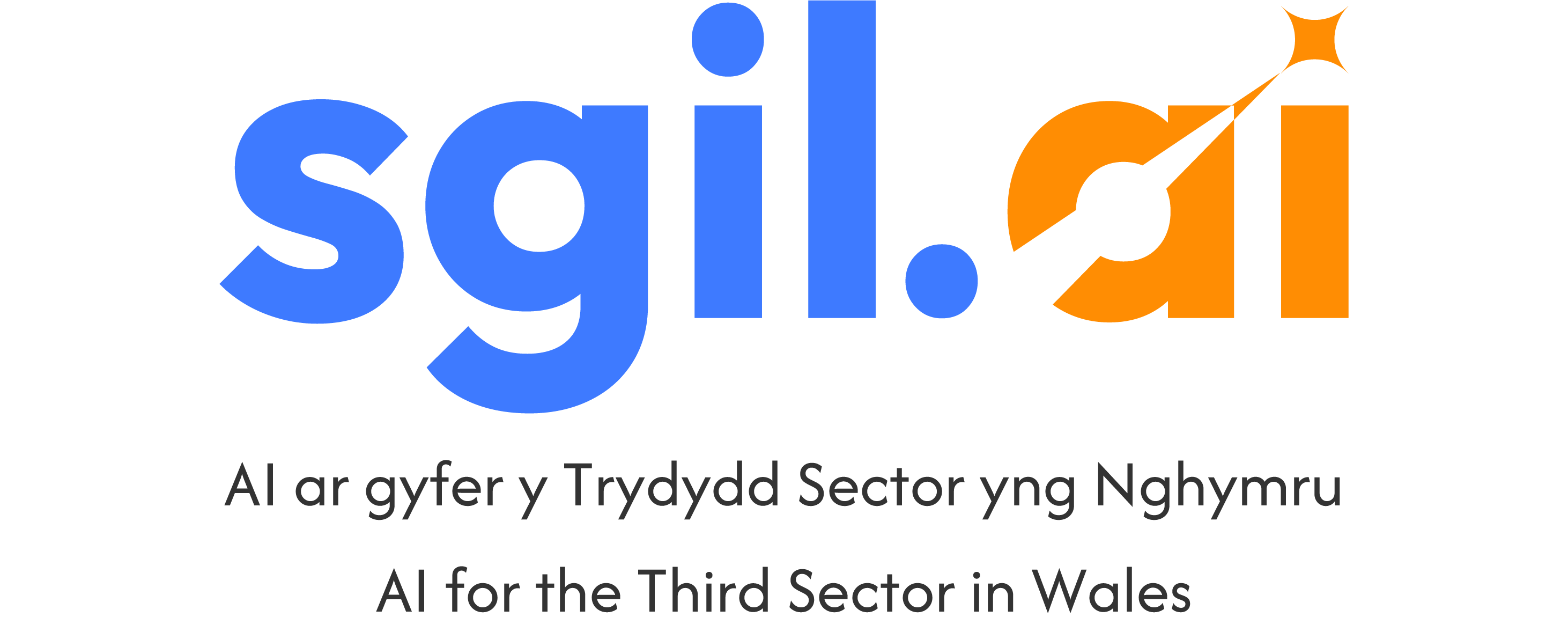 Sgil AI logo with the words AI for the Third sector in Wales below. Logo is the word sgil in blue with a blue dot and then the word ai in orange.