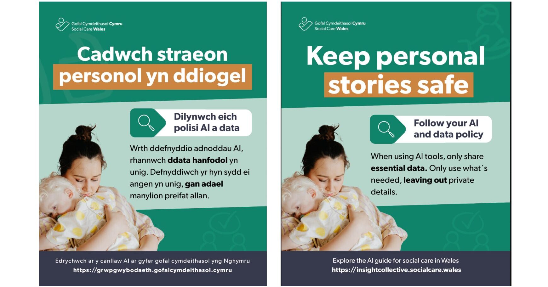 Social media post for Social Care Wales with image of female hugging a child with the words Keep personal stories safe and further information.