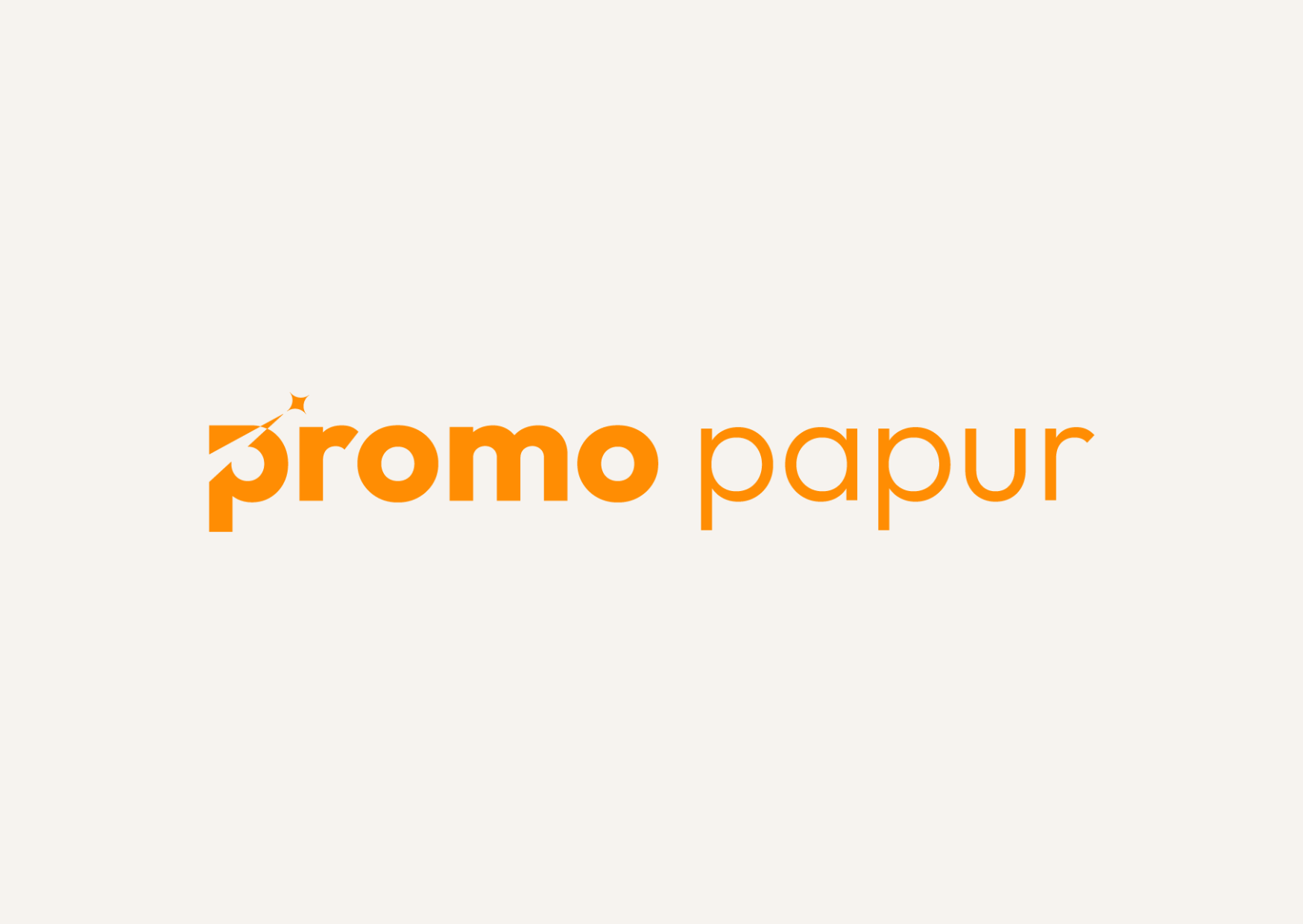 A logo: the words promo papur all in lower case in orange colour. The 'p' has a slice taken out of it - it looks like a shooting star has flown through it, slicing it's way through and come out the other side.