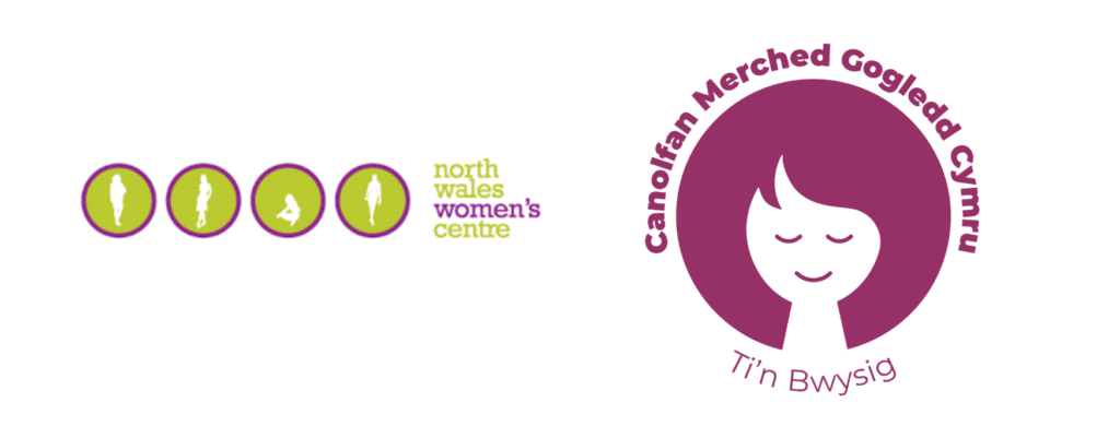 Hen logo CMGC. Pedwar silwét o ferched mewn gwahanol ystumiau. Wrth ei ymyl mae eu logo newydd a ailgynlluniwyd gan ProMo Cymru, yn dangos cartŵn crwn o wyneb menyw yn gwenu ac yn edrych yn heddychlon, a'r slogan “Ti'n Bwysig”.