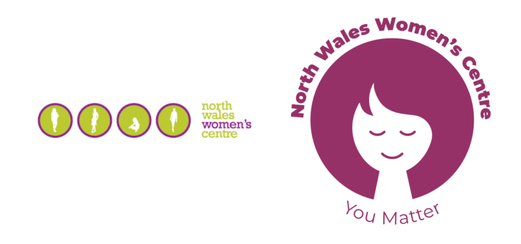 NWWC’s old logo. Four silhouettes of women doing different poses. Next to that is their new logo ProMo Cymru redesigned showing a circular cartoon of a woman's face smiling and looking peaceful, and the tagline “You Matter”.